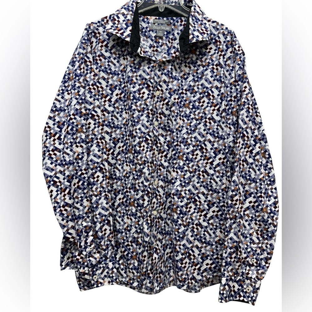 PAULO SOLARI MODERN FIT BUTTON SHIRT, "TECHY" PRINT BLUE MULTI ON WHITE, SZ 3X
